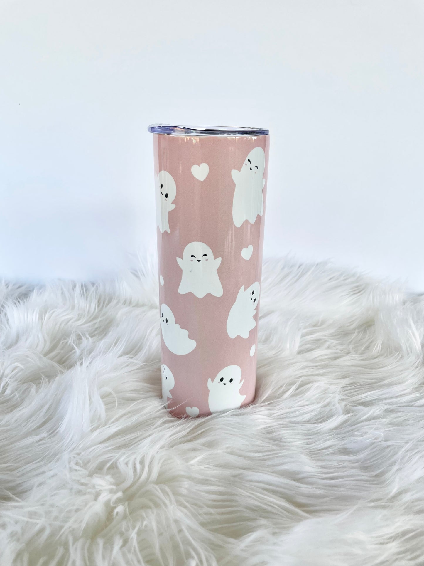 blush pink tumbler with white ghosts