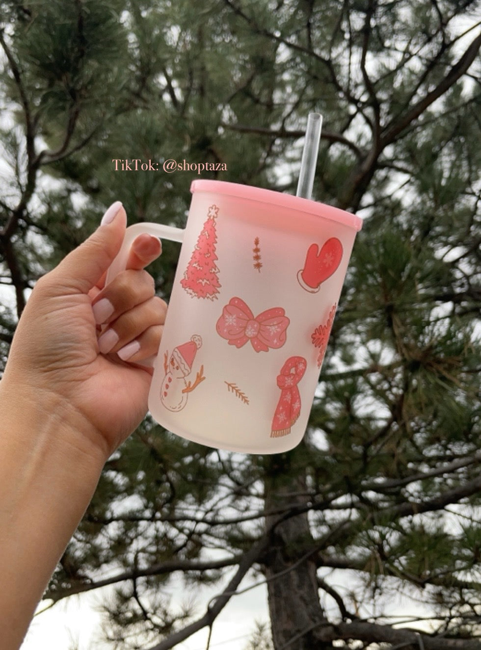 winter pink frosted glass mug