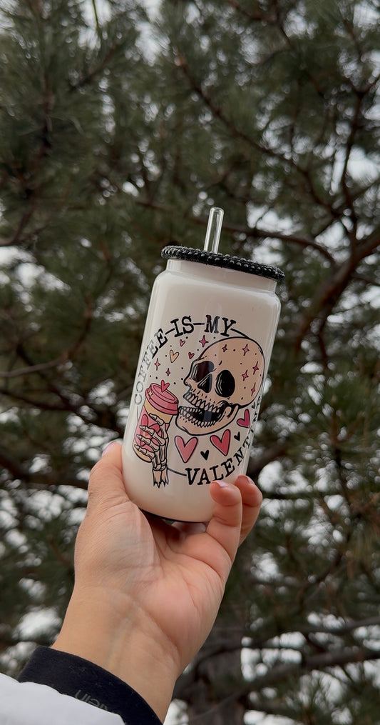 Skull coffee is my valentine glass