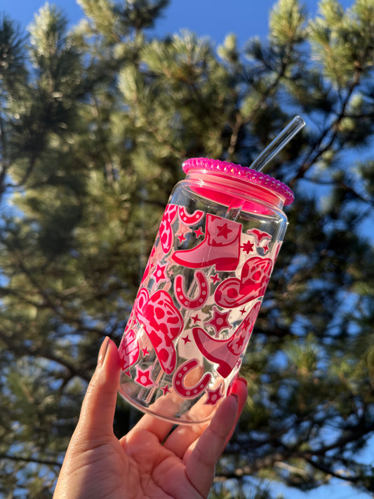 Cowgirl hats and boots glass cup