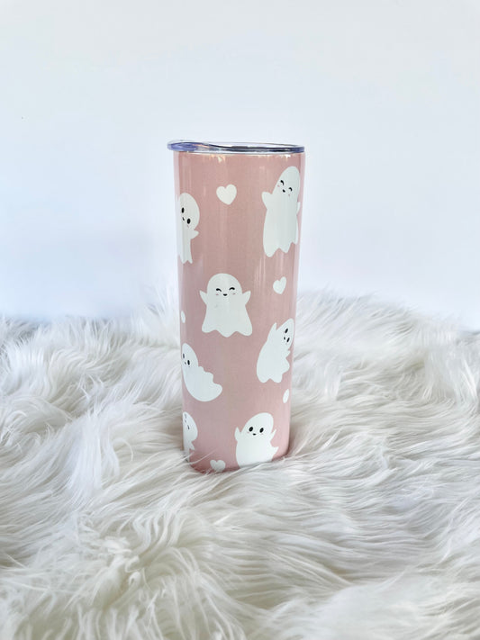 blush pink tumbler with white ghosts