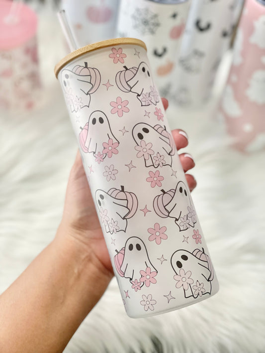 pink floral pumpkin ghost skinny glass tumbler